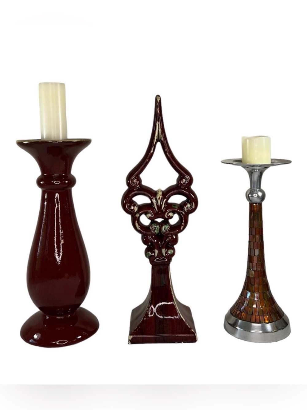 Set of 3 Art Deco Mantle Home Décor Red Glaze Pottery Mosaic Glass Candle Holder